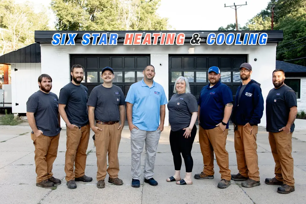 The Six Star Heating & Cooling team outside the Carnegie shop — the crew behind every Pittsburgh-area service call.