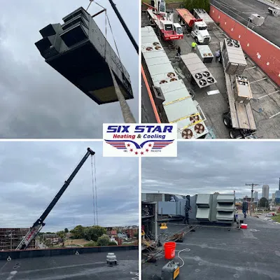 Commercial HVAC project collage: rooftop units, crane lifts, and crew work surrounding the Six Star Heating & Cooling logo.